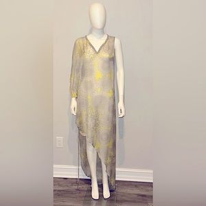 Alexis grey yellow silk medallion print one shoulder hi low maxi coverup dress